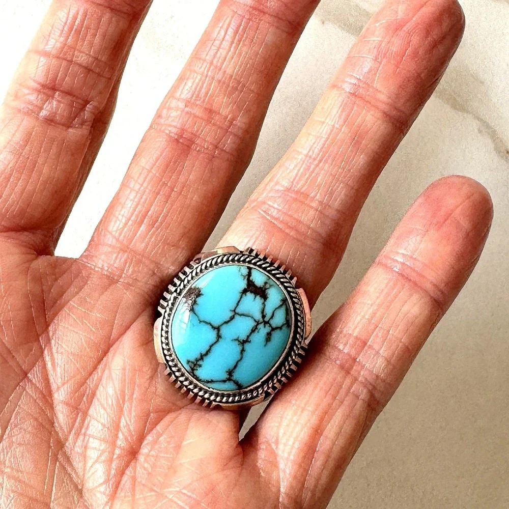 Big Navajo Mens Turquoise Ring Sz 11 Lightning Signed Denetdale Sterling Native